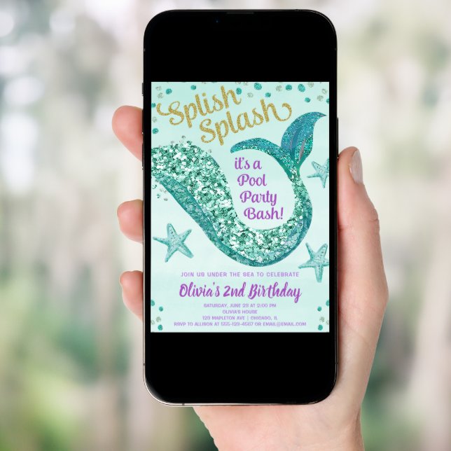 Mermaid pool party birthday, teal gold purple invitation (Front Digital)