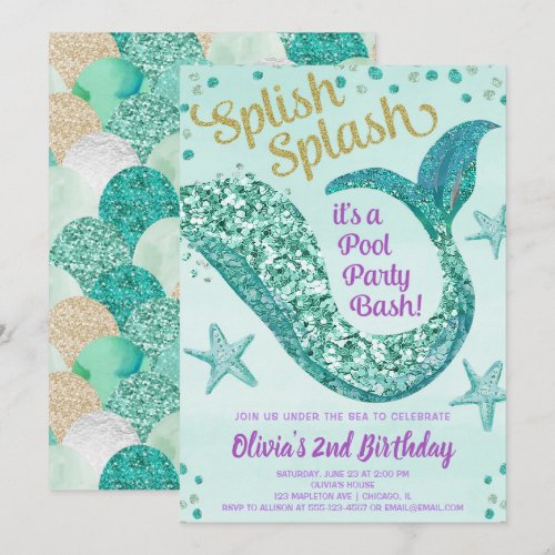 Mermaid pool party birthday, teal gold purple