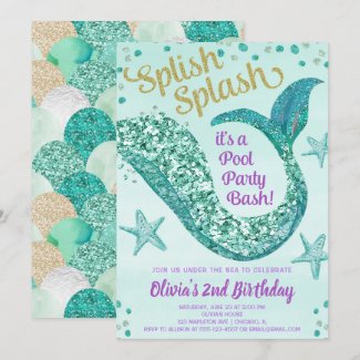 Mermaid pool party birthday, teal gold purple invitation