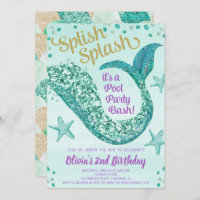 Mermaid pool party birthday, teal gold purple invitation