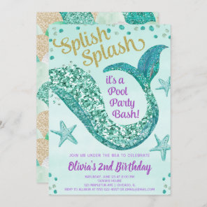 Mermaid pool party birthday, teal gold purple invitation