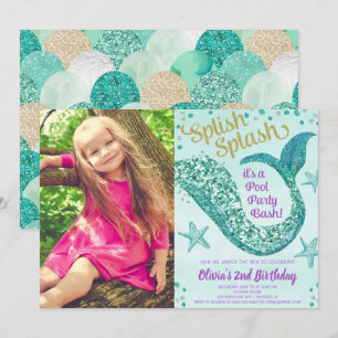 Mermaid pool party birthday teal gold purple photo invitation