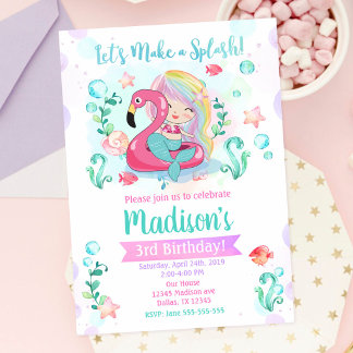 Mermaid Pool Party Flamingo Float Birthday Invitation