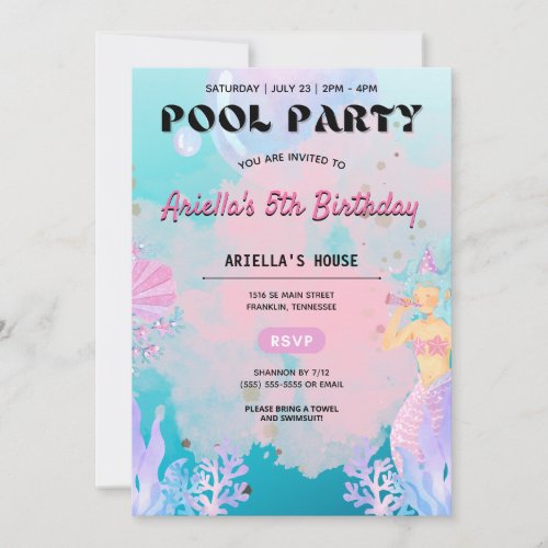 Mermaid Pool Party Girl Birthday Invitation