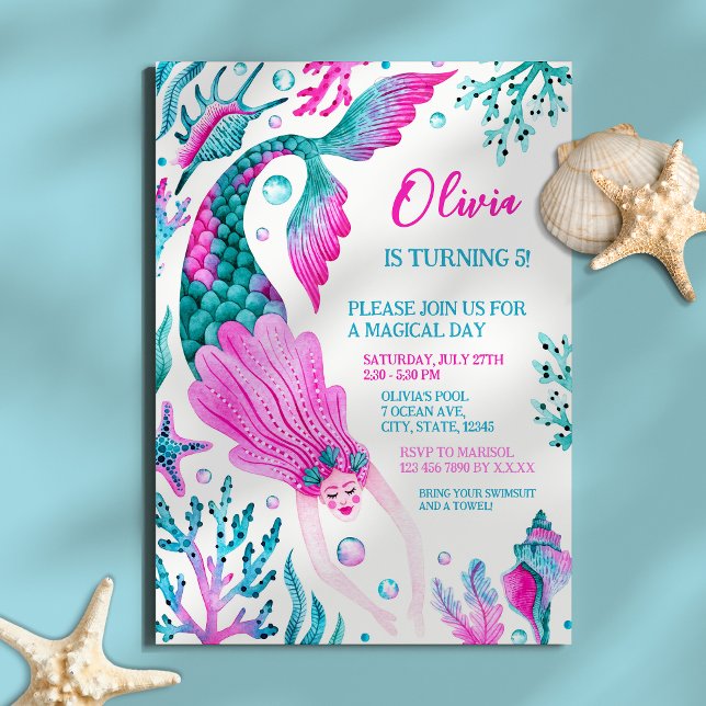 Mermaid Pool Party Girl's Birthday Party Invitation (Mermaid Pool Party Girl's Birthday Party Invitation)