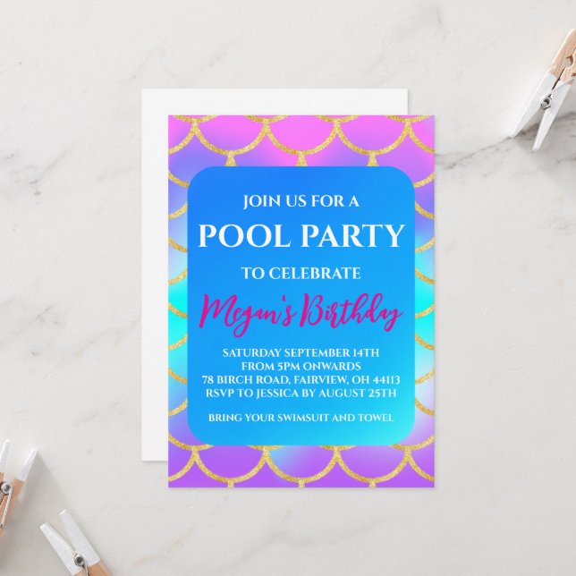 mermaid pool party invitations (Front/Back In Situ)