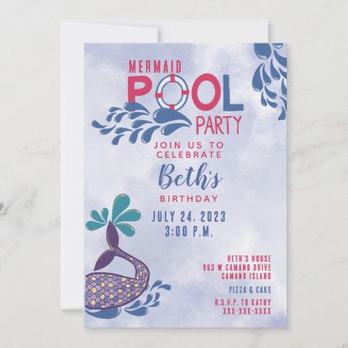 Mermaid Pool Party Pink  Blue Girls Invitation