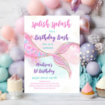 Mermaid Pool Party Pink Gold Birthday Invitation