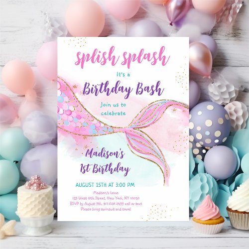 Mermaid Pool Party Pink Gold Birthday Invitation