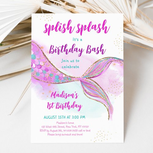 Mermaid Pool Party Pink Purple Birthday Invitation