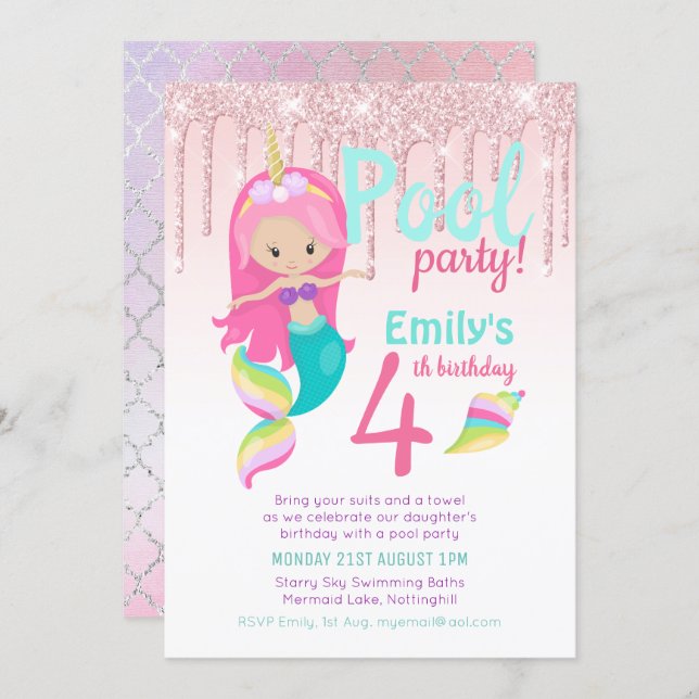 Mermaid POOL Party Purple Pink Silver Glitter Girl Invitation (Front/Back)