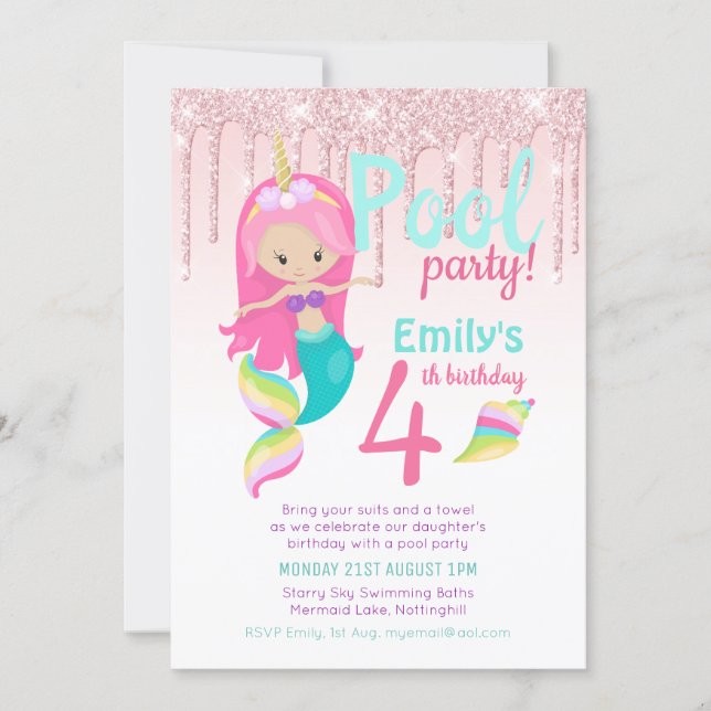 Mermaid POOL Party Purple Pink Silver Glitter Girl Invitation (Front)