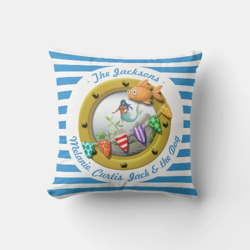 Mermaid Porthole Nautical Family Beach Hut Striped Throw Pillow