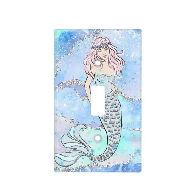 Mermaid Pretty Blue Silver Glitter Ocean Sea  Light Switch Cover (Front)