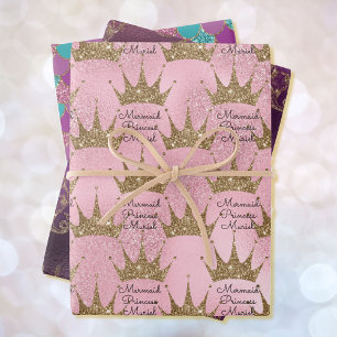 Mermaid Princess Add Name Gold Sparkle 3 Wrapping Paper Sheets