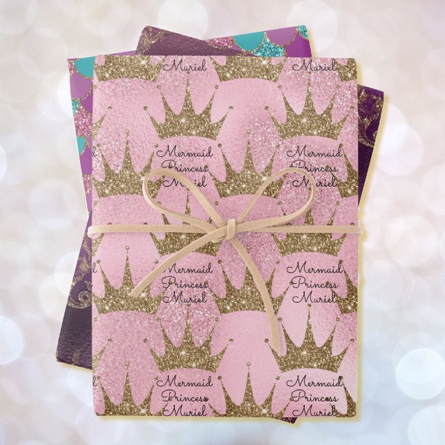 Mermaid Princess Add Name Gold Sparkle 3 Wrapping Paper Sheets (Creator Uploaded)