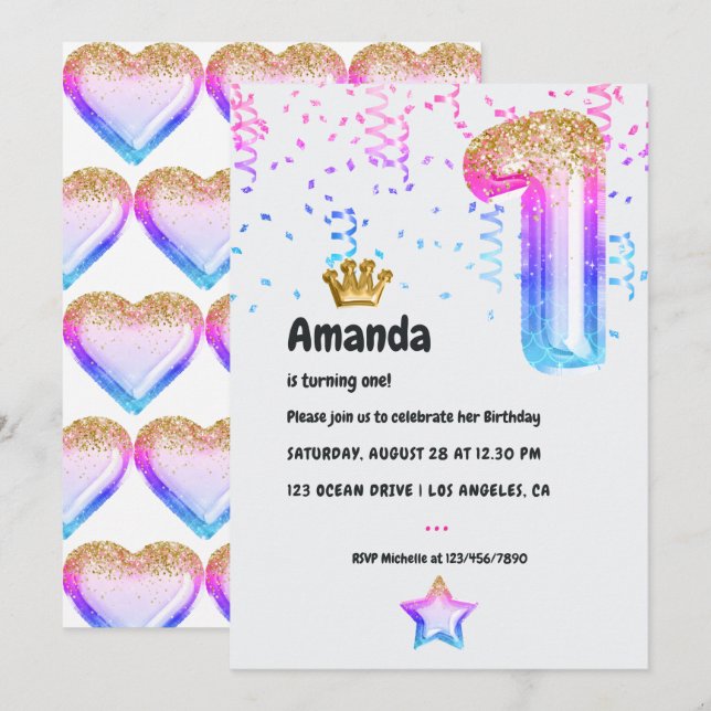 Mermaid Princess Balloon 1st Birthday Invitation (Front/Back)