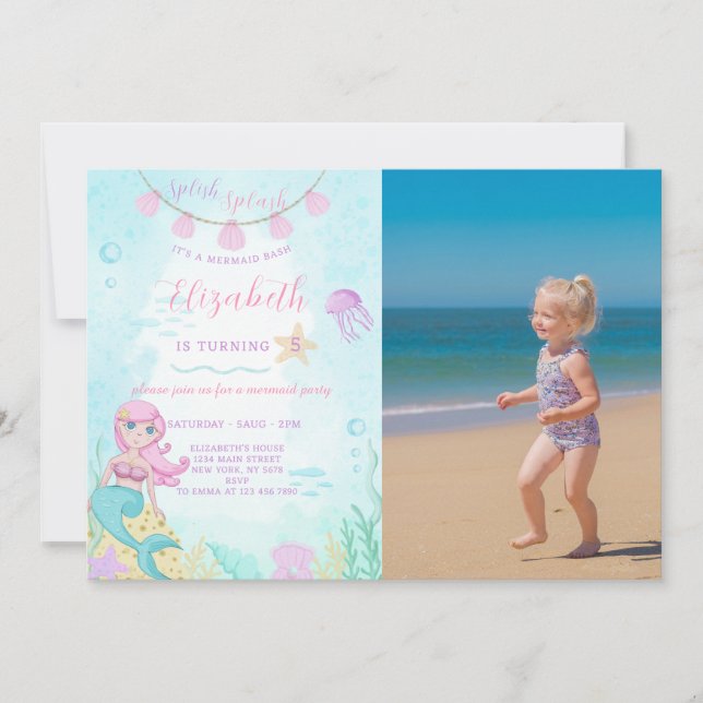 Mermaid Princess Birthday Invitation With photo (Front)