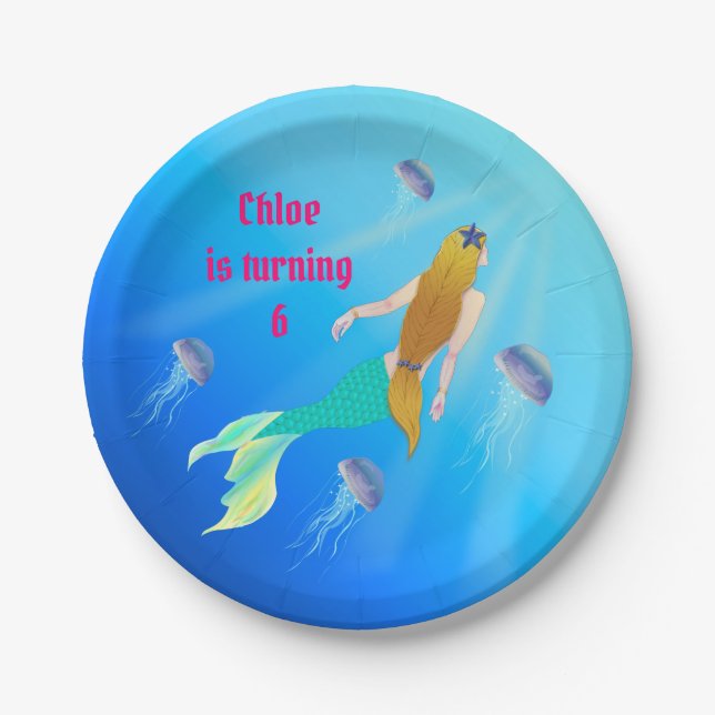 Mermaid Princess Birthday Party Personalized Paper Plates (Front)