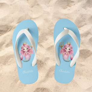 Mermaid princess blue pink name girl kid's flip flops