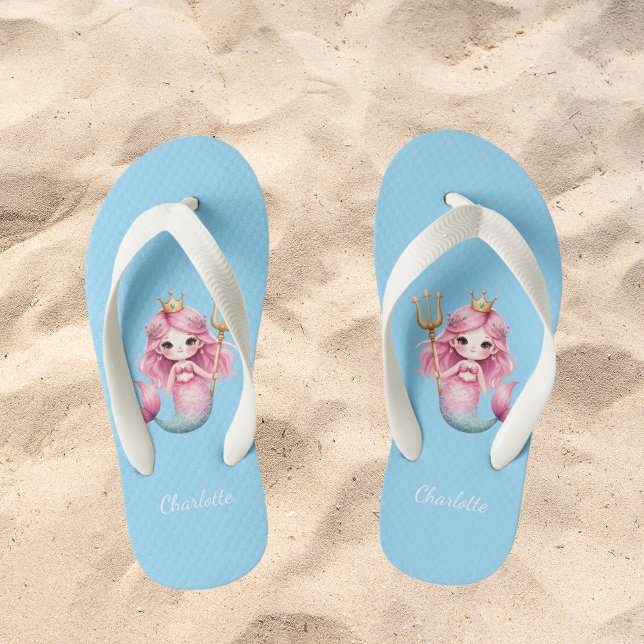 Mermaid princess blue pink name girl  kid's flip flops (Creator Uploaded)