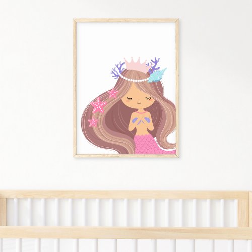 Mermaid Princess Crown Sea Stars Brown Hair  Poster