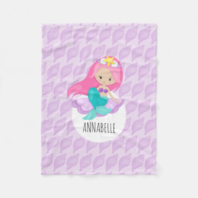 Mermaid Princess Girl Kids Cute Purple Seashell Fleece Blanket (Front)