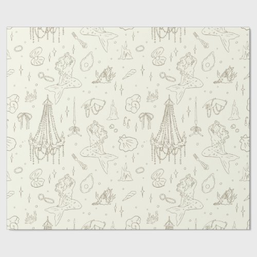 Mermaid Princess Ocean Fantasy Beige Toile Pattern Wrapping Paper
