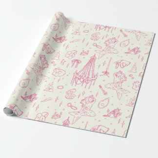 Mermaid Princess Ocean Fantasy Pink Toile Pattern Wrapping Paper