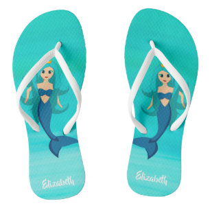 Mermaid princess on aquamarine ocean water flip flops
