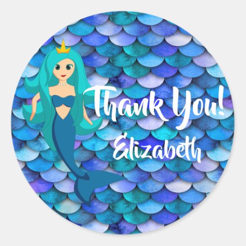 Mermaid princess on blue scales Thank You Classic Round Sticker