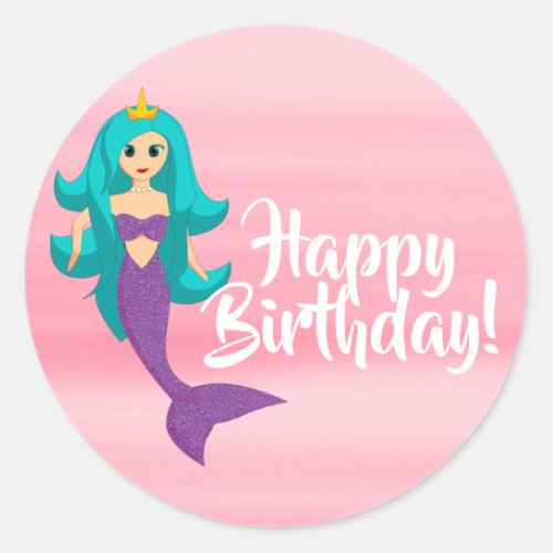 Mermaid princess on pink Happy Birthday Classic Round Sticker