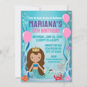 Mermaid Princess Party (brown hair) Invitation