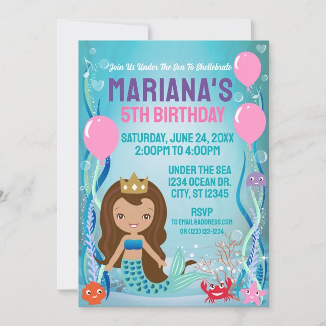 Mermaid Princess Party (brown hair) Invitation (Front)