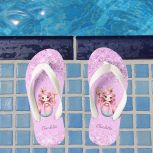 Mermaid princess pink glitter name girl kid's flip flops