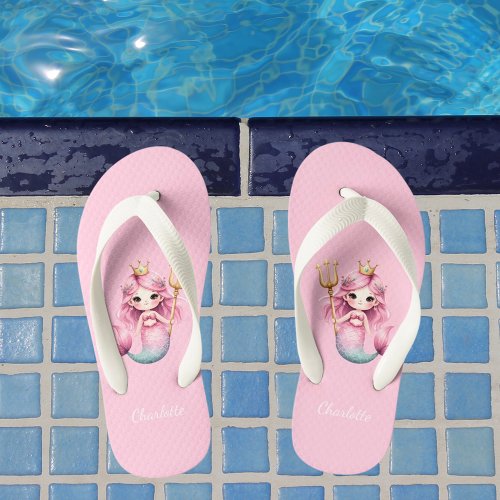 Mermaid princess pink name girl  kids flip flops