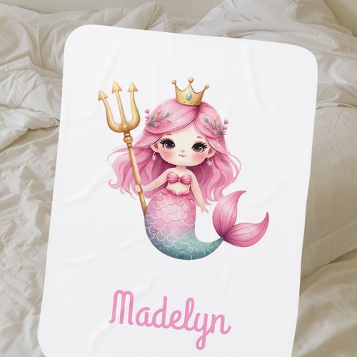 Mermaid princess pink white name baby blanket