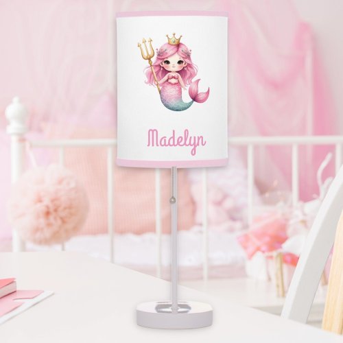 Mermaid princess pink white name table lamp