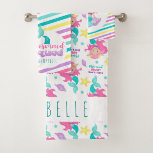 Mermaid Princess Squad Pink Blue Yellow Stripes Bath Towel Set