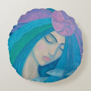 Mermaid Princess, Underwater Fantasy, Pink Blue Round Pillow