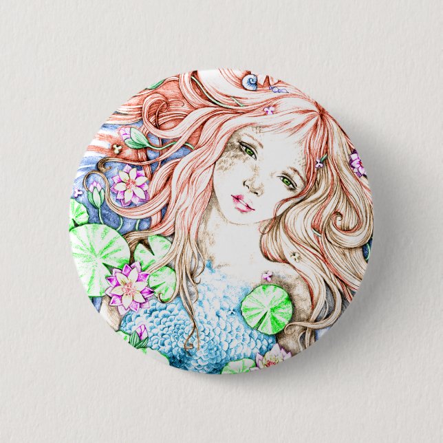 Mermaid Princess Watercolor Button (Front)