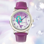 Mermaid princess white purple glitter drips name watch<br><div class="desc">A pretty mermaid princess in a green,  purple faux glitter colored dress with a royal tiara in her turquoise colored hair . Template for a name,  Purple colored letters. Purple clock face numbers and ourple faux glitter drip. White background.</div>