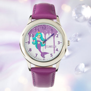 Mermaid Princess White Purple Glitter Drips Name Watch by Thunes at Zazzle