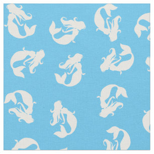 Mermaid Print Fabric Blue and White