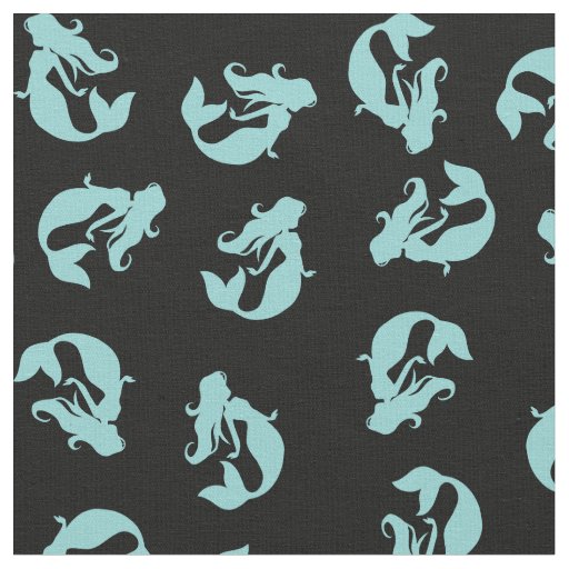 Mermaid Print Fabric Teal Aqua and Black
