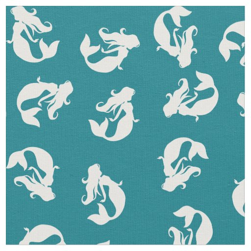 Mermaid Print Fabric Teal Turquoise and White
