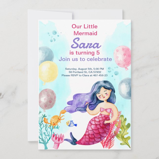 mermaid printable birthday invitation gift (Front)