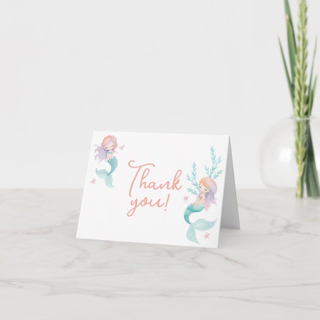 Mermaid Purple and Teal Birthday or Baby Shower Thank You Card (Front)