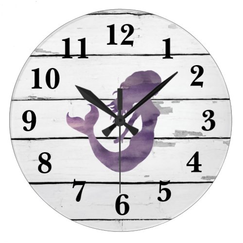 Mermaid Purple Beach Decor Rustic Shiplap Large Clock