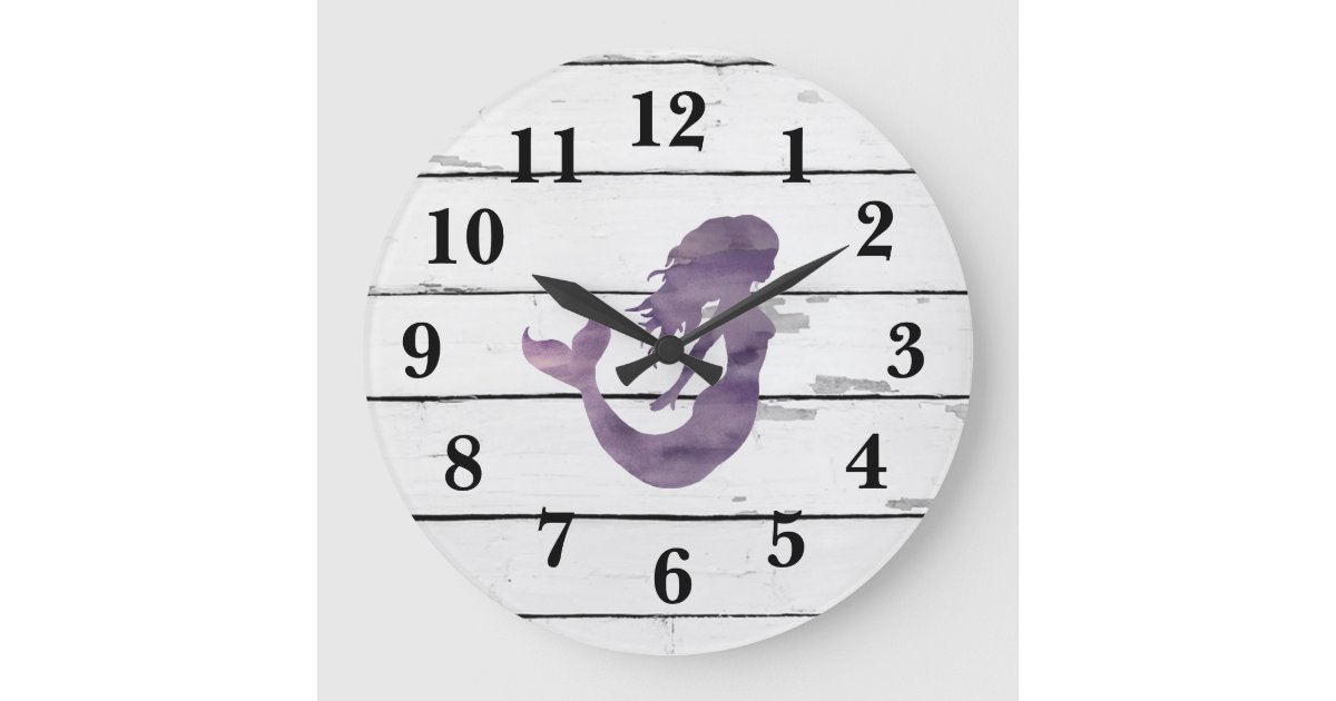 Mermaid Purple Beach Decor Rustic Shiplap Large Clock | Zazzle